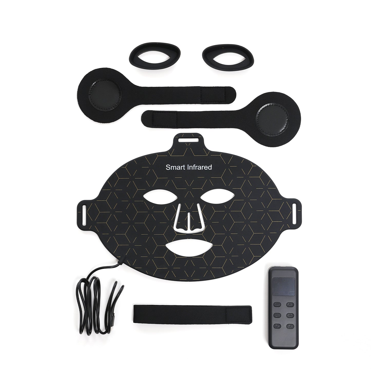 Complete Smart Infrared Mask kit with LED face mask, eye shields, head straps, and remote.
