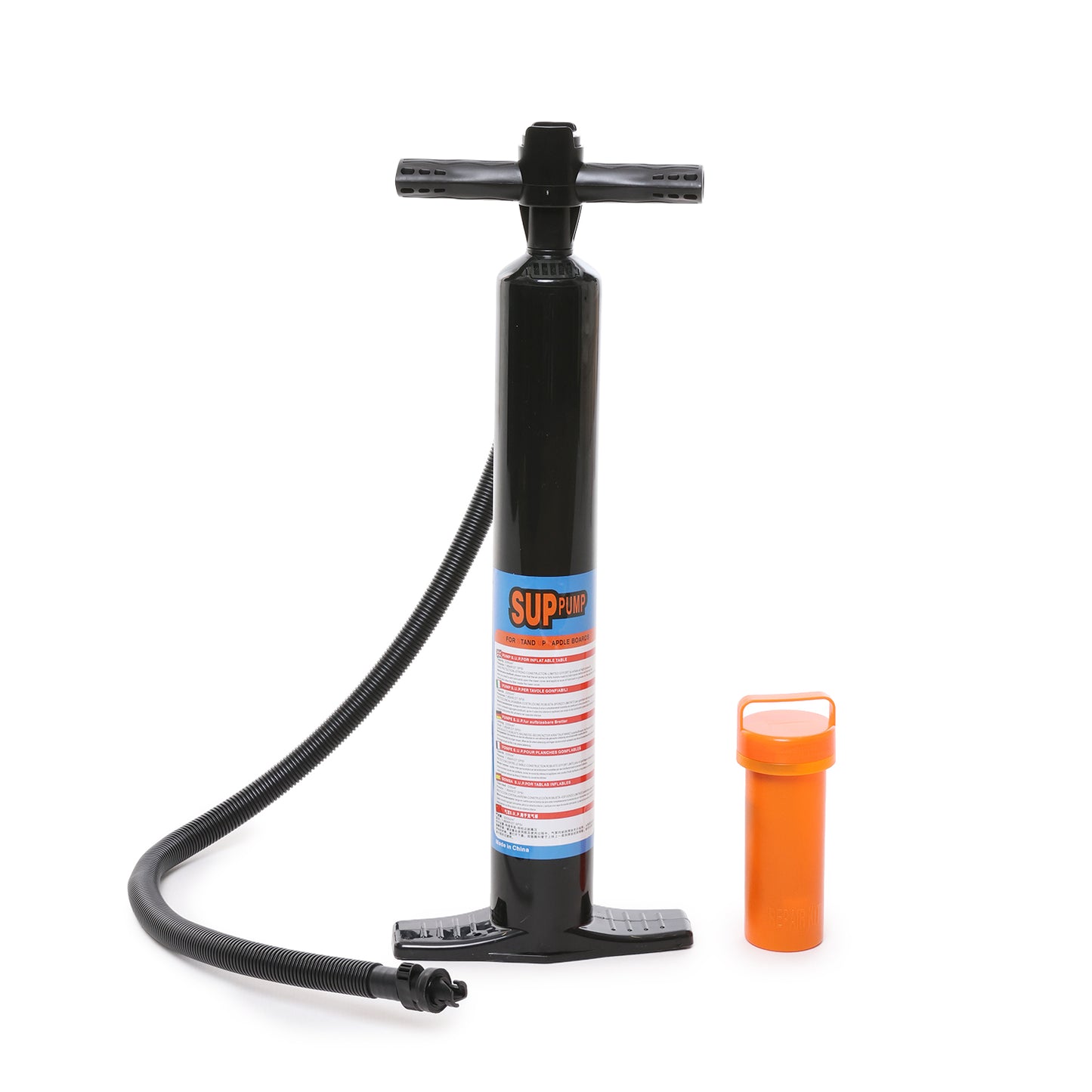 Black and orange inflatable pump with a visible brand label on a white background