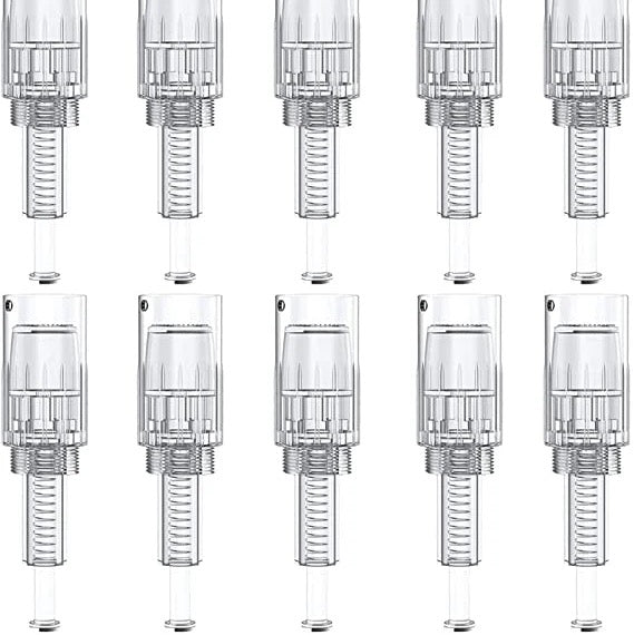 Multiple clear plastic connectors arranged in a grid on a white background