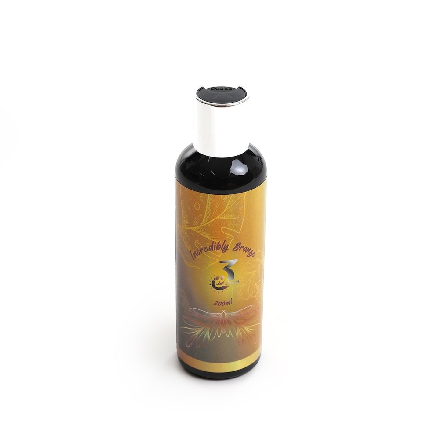 Bottle of 'Incredibly Bronzer with a gold label on a white background