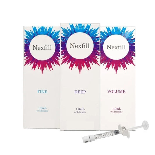 Nexfil in the box showing, DEEP, FINE, and VOLUME, dermal filler