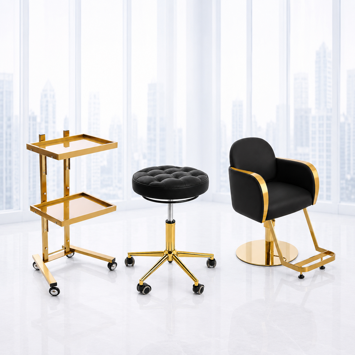 gold trolley, black and gold stool, and a black salon styling chair