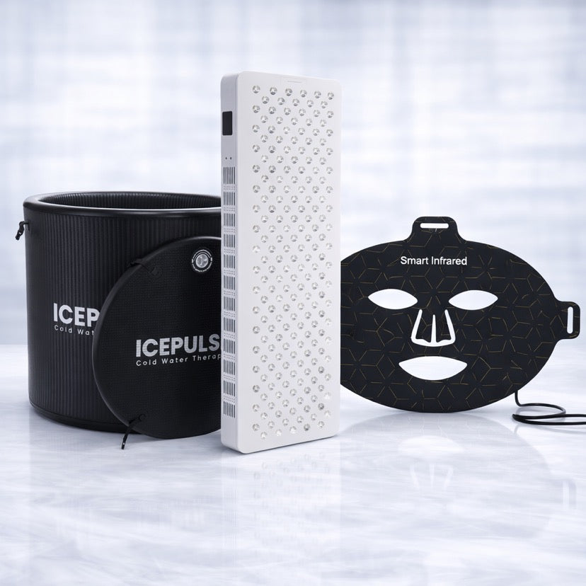 IcePulse cold plunge tub, infrared red light therapy panel, and LED face mask