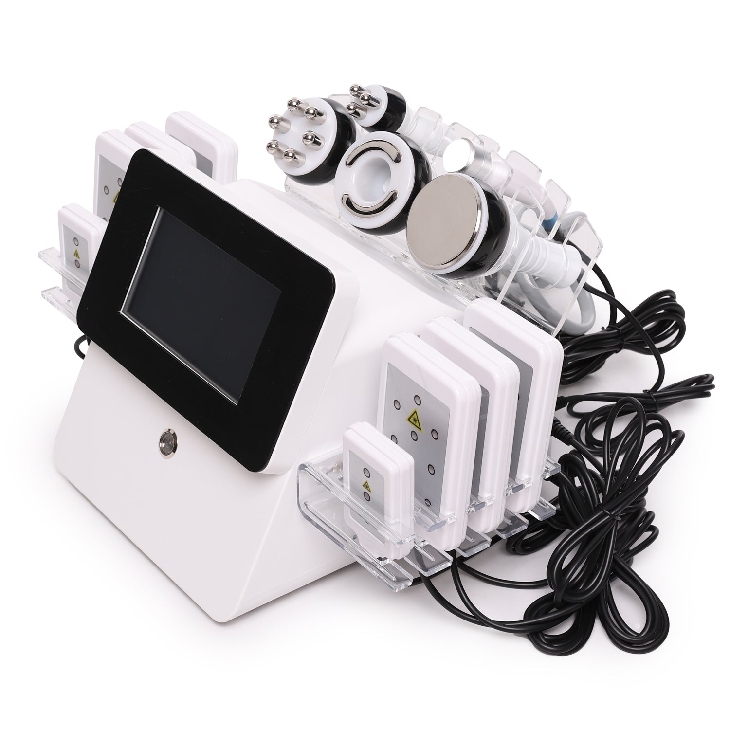 Electronic device with screen and various components on a white background