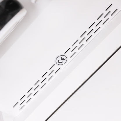 Close-up of a white electronic device with black text stating CE
