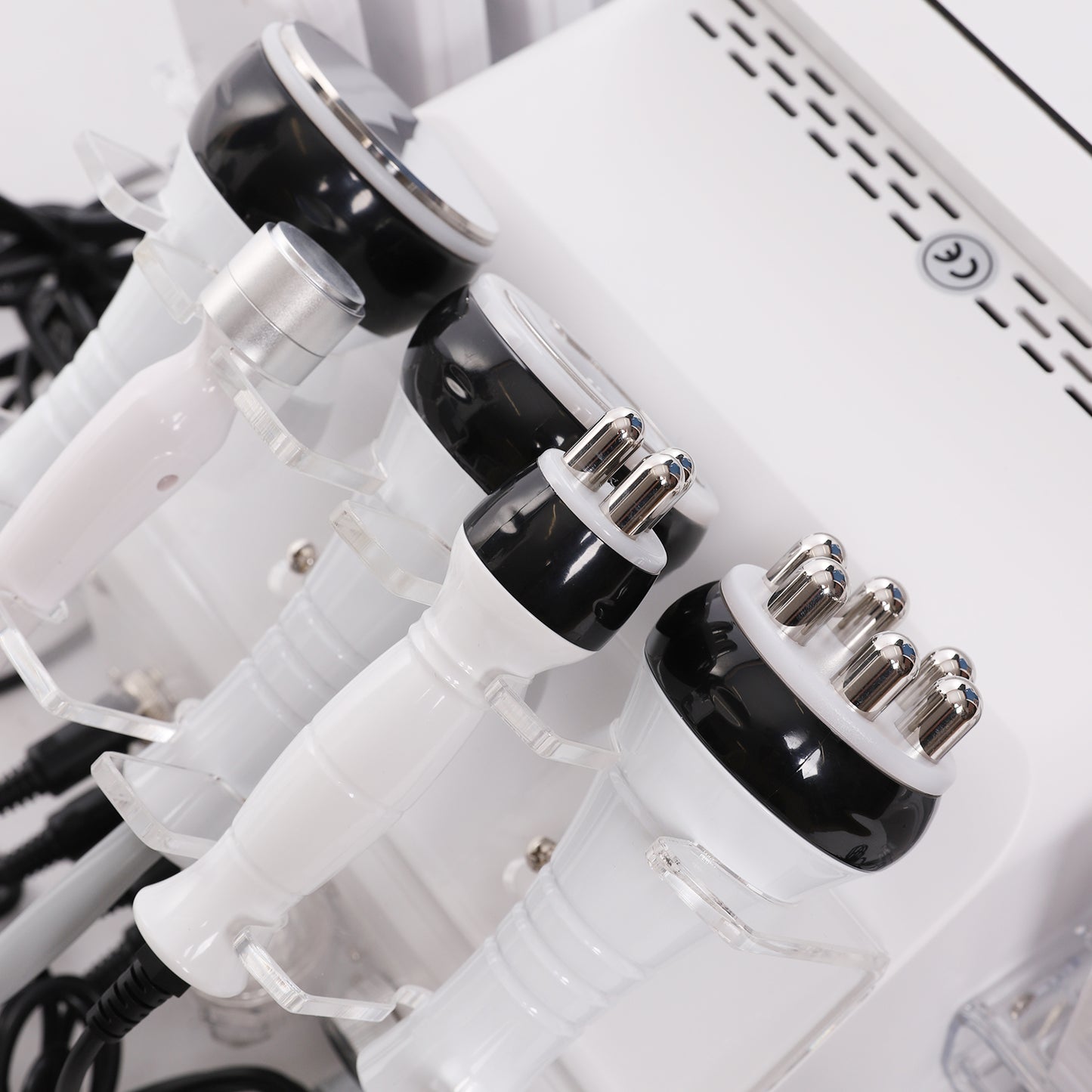 Close-up of a white electronic device with black and silver components.