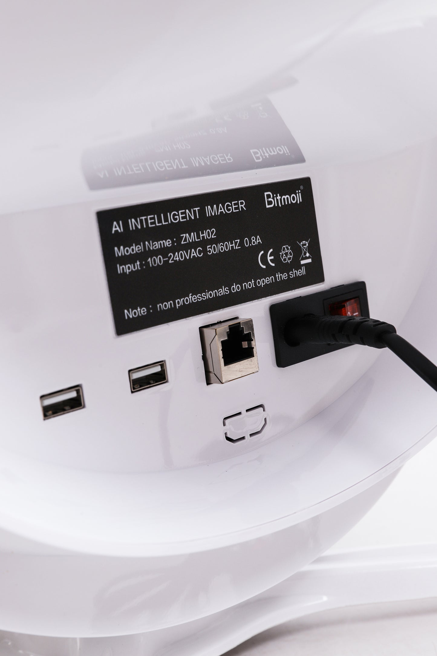 Rear view of Bitmoji AI Intelligent Imager showing model label, power input, USB and Ethernet ports