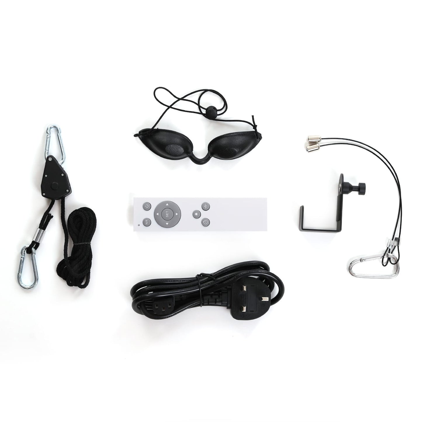 Light therapy accessories kit with remote, power cord, eye goggles, hanging kit, wall mount, and carabiners.