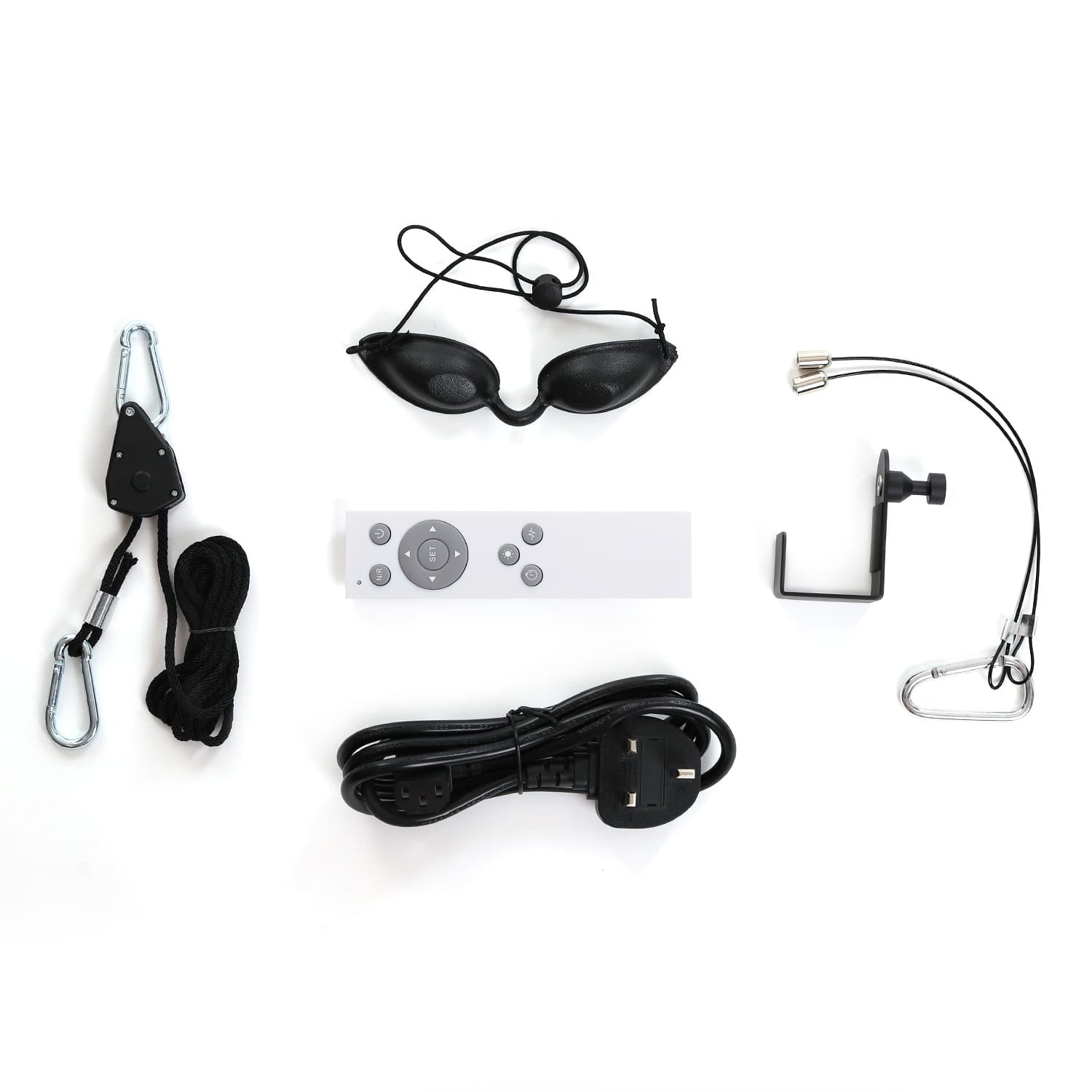 Light therapy accessories kit with remote, power cord, eye goggles, hanging kit, wall mount, and carabiners.