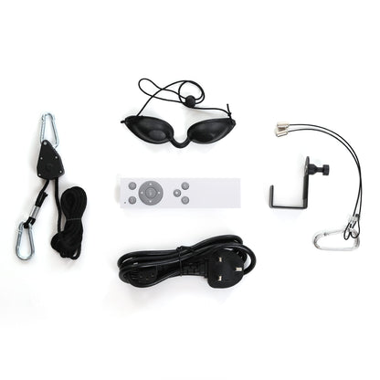 Light therapy accessories kit with remote, power cord, eye goggles, hanging kit, wall mount, and carabiners.