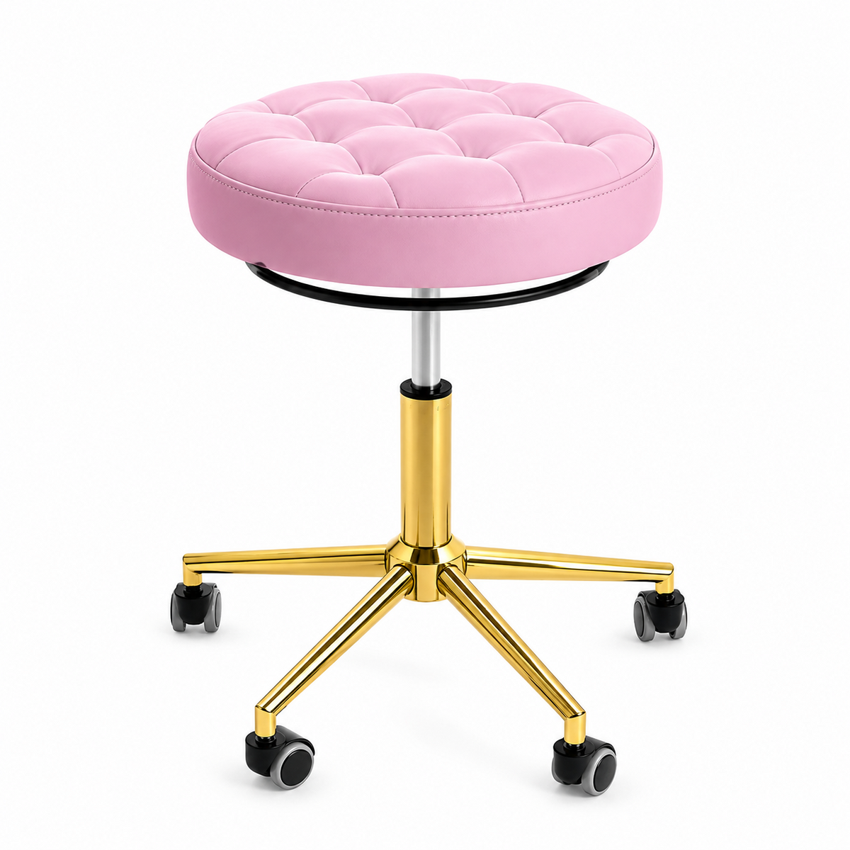A round tufted stool with a light pink upholstered cushion,