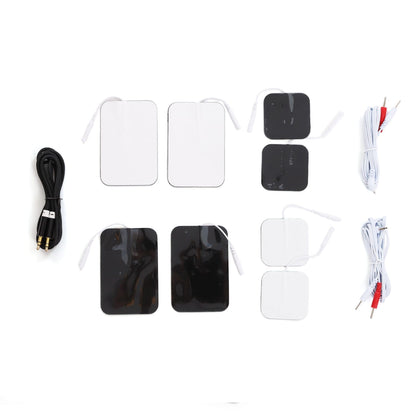 Electrode pad set with assorted black and white pads, connector cables, and dual-pin wires for therapy devices.