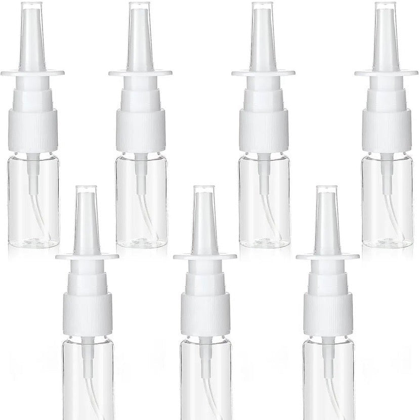 Seven transparent nasal sprayers lined up for easy product showcasing.