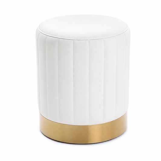 A modern cylindrical ottoman stool with a white vertically channel-tufted faux leather.