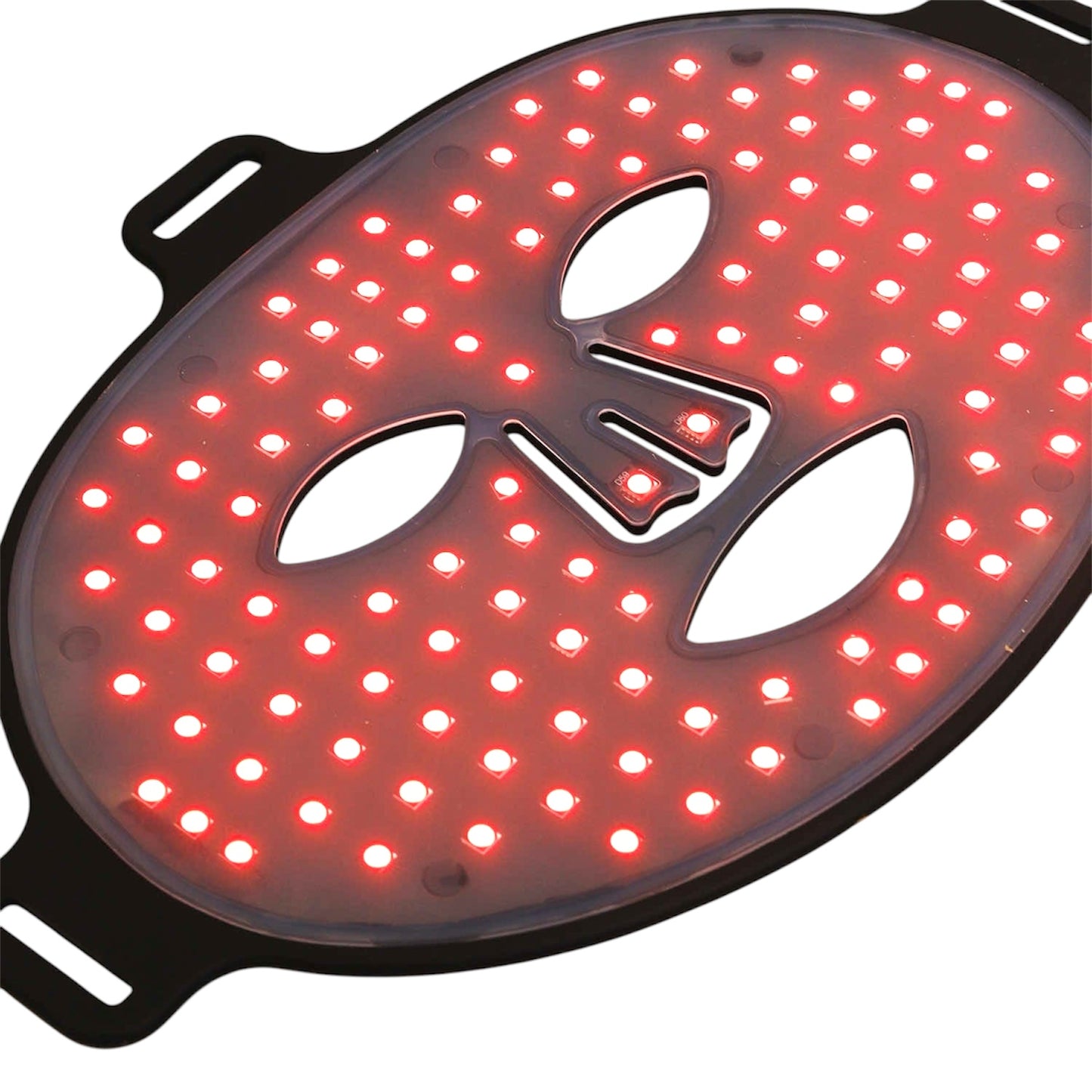 LED mask glowing red for collagen stimulation and wrinkle reduction in facial skincare routines.