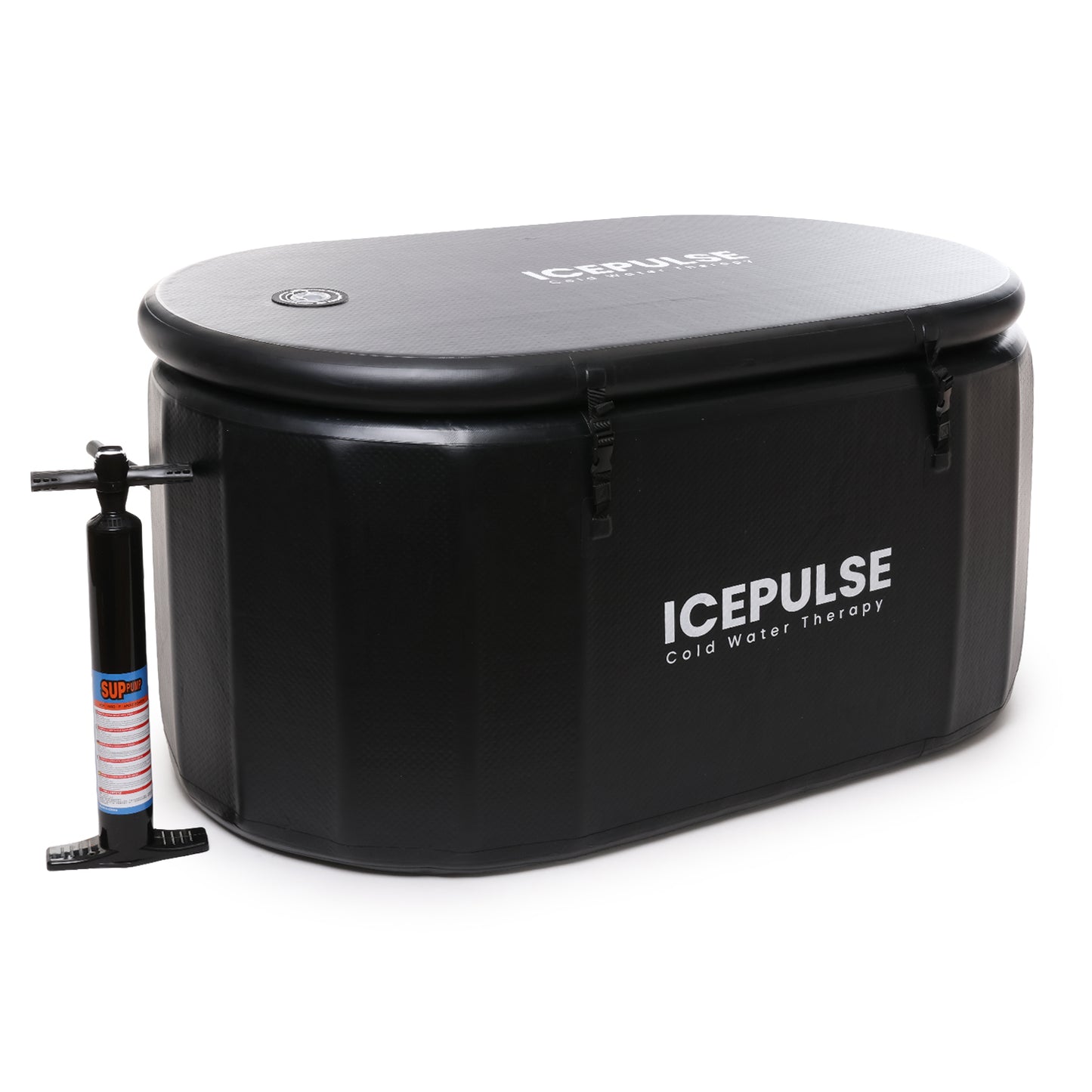 Black Icepulse cold water therapy tub with pump on a white background