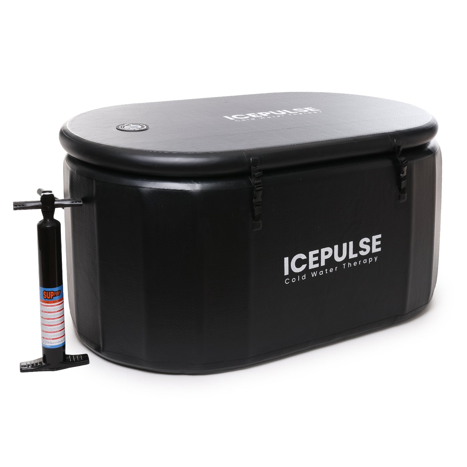 Black Icepulse cold water therapy tub with pump on a white background