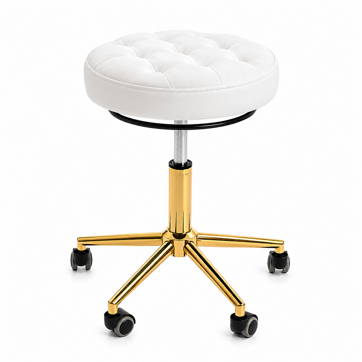 A white tufted faux leather rolling stool with a shiny gold five-star base,