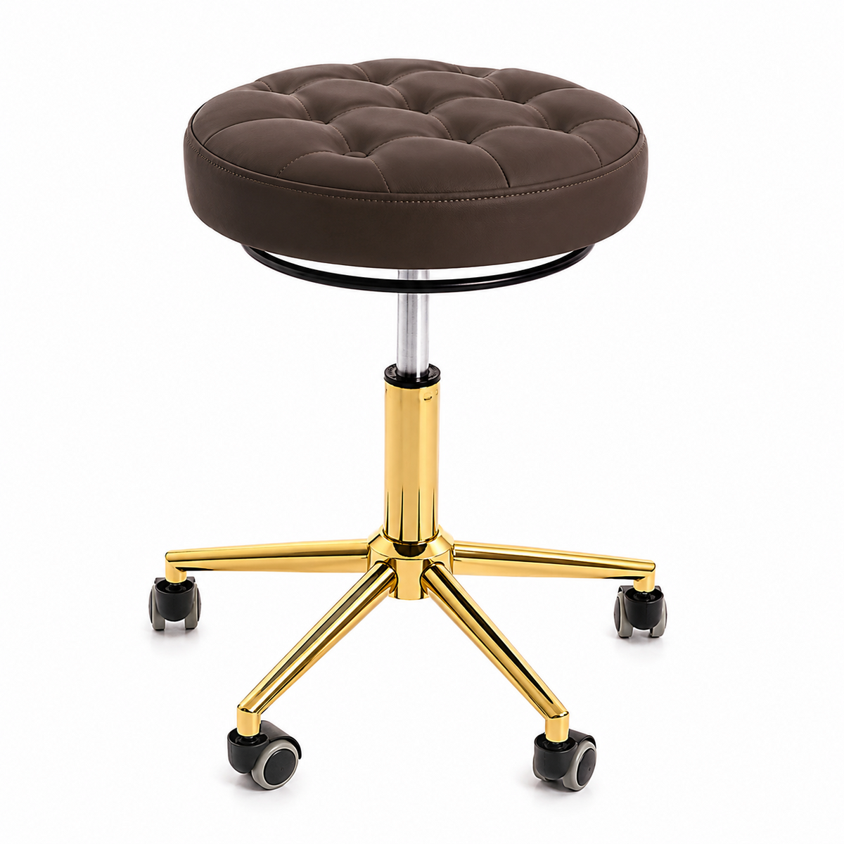 A round tufted stool with a brown faux leather cushioned seat.