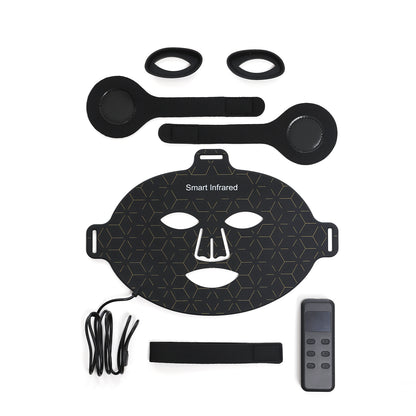 Complete Smart Infrared Mask kit with LED face mask, eye shields, head straps, and remote.