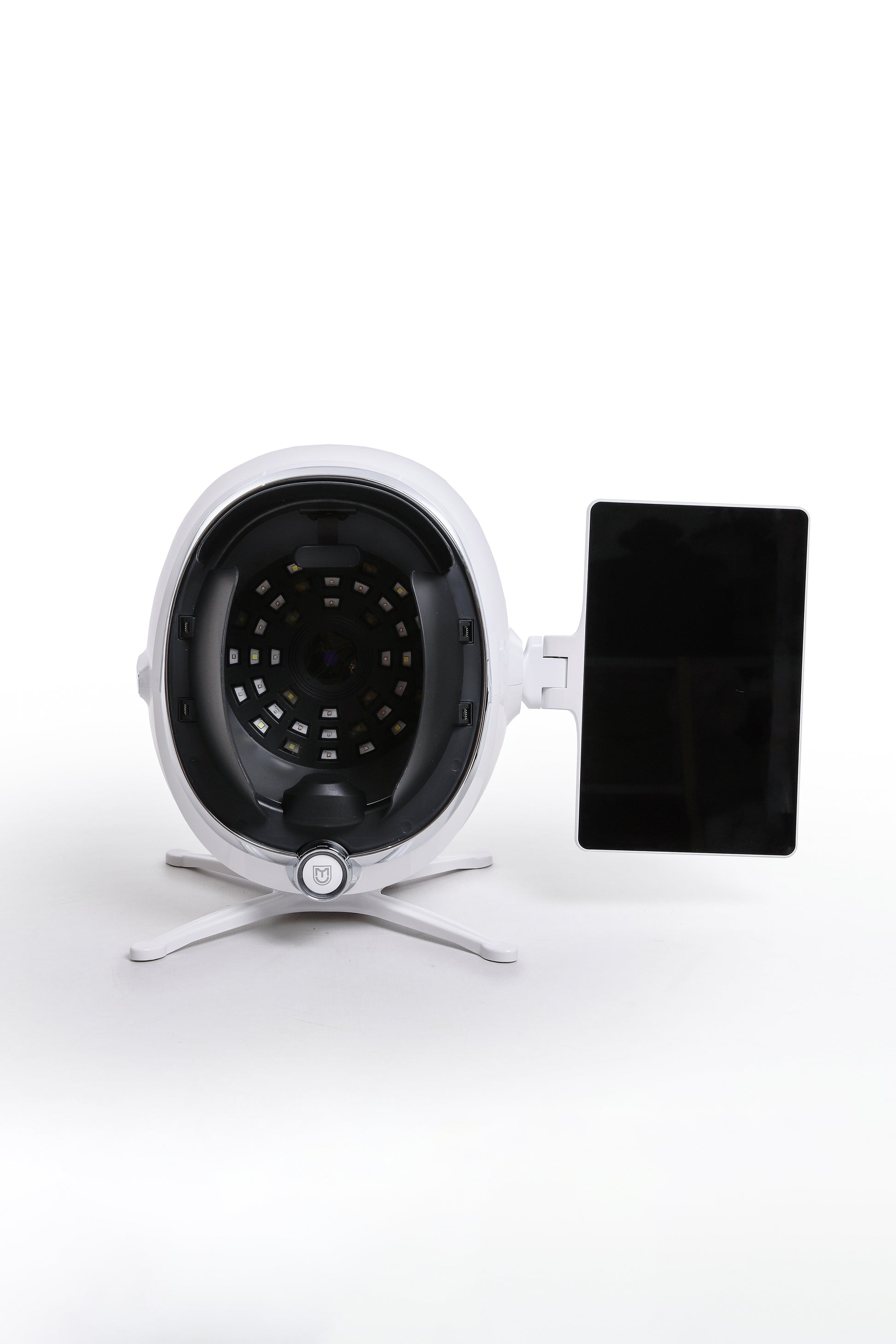 AI skin analysis machine front view with integrated LED lights and side display for facial diagnostics