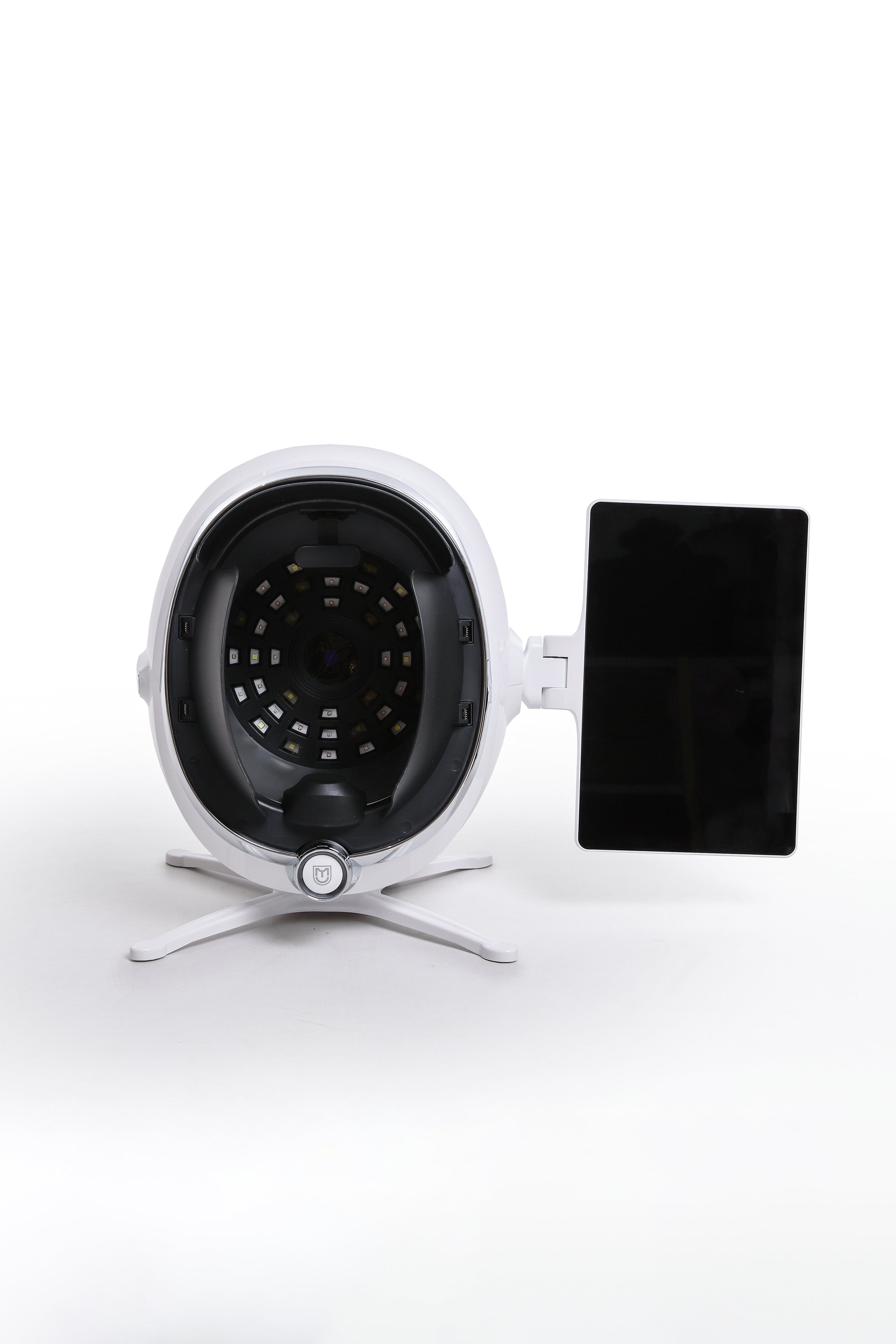 AI skin analysis machine front view with integrated LED lights and side display for facial diagnostics