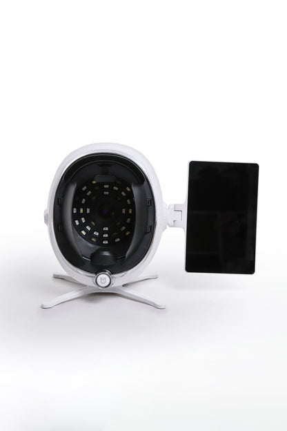AI skin analysis machine front view with integrated LED lights and side display for facial diagnostics