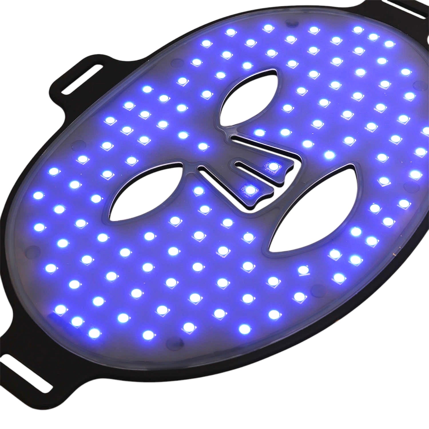 LED mask glowing blue to target breakouts and reduce acne-causing bacteria.