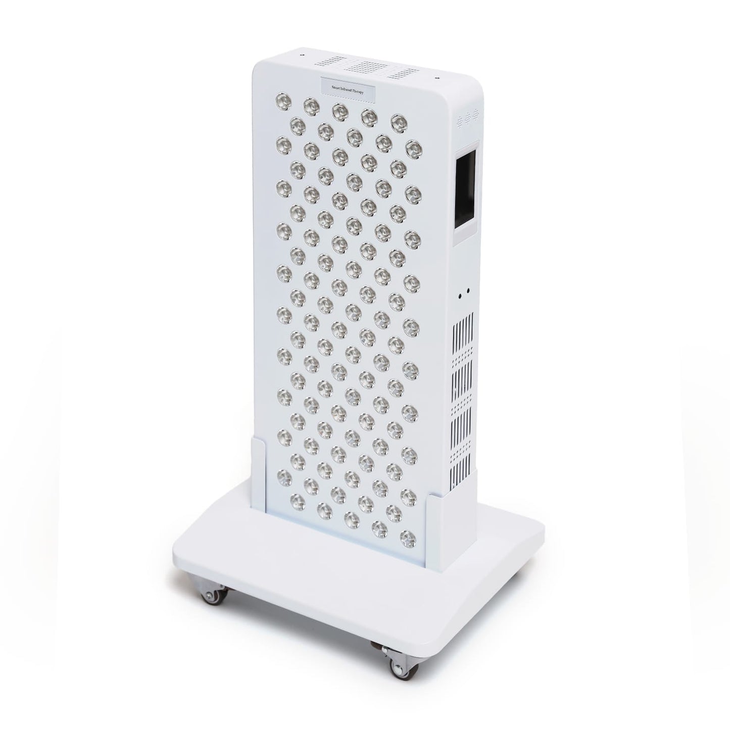 Angled view of a freestanding white light therapy panel featuring an array of circular Led bulbs,