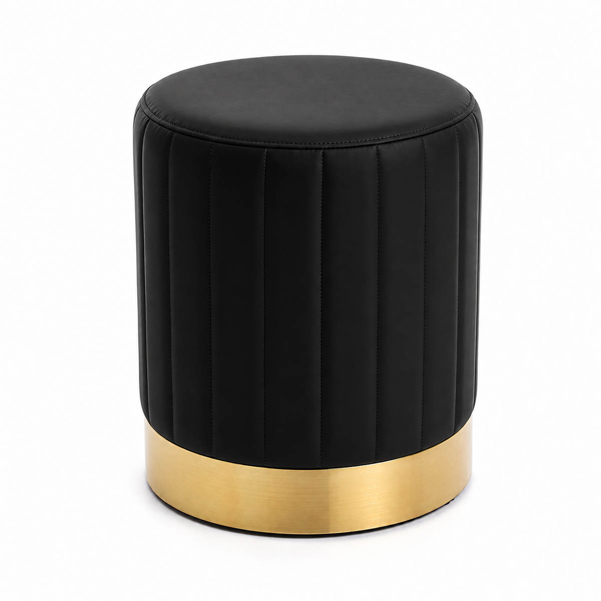 A modern cylindrical ottoman stool with a black upholstered body.