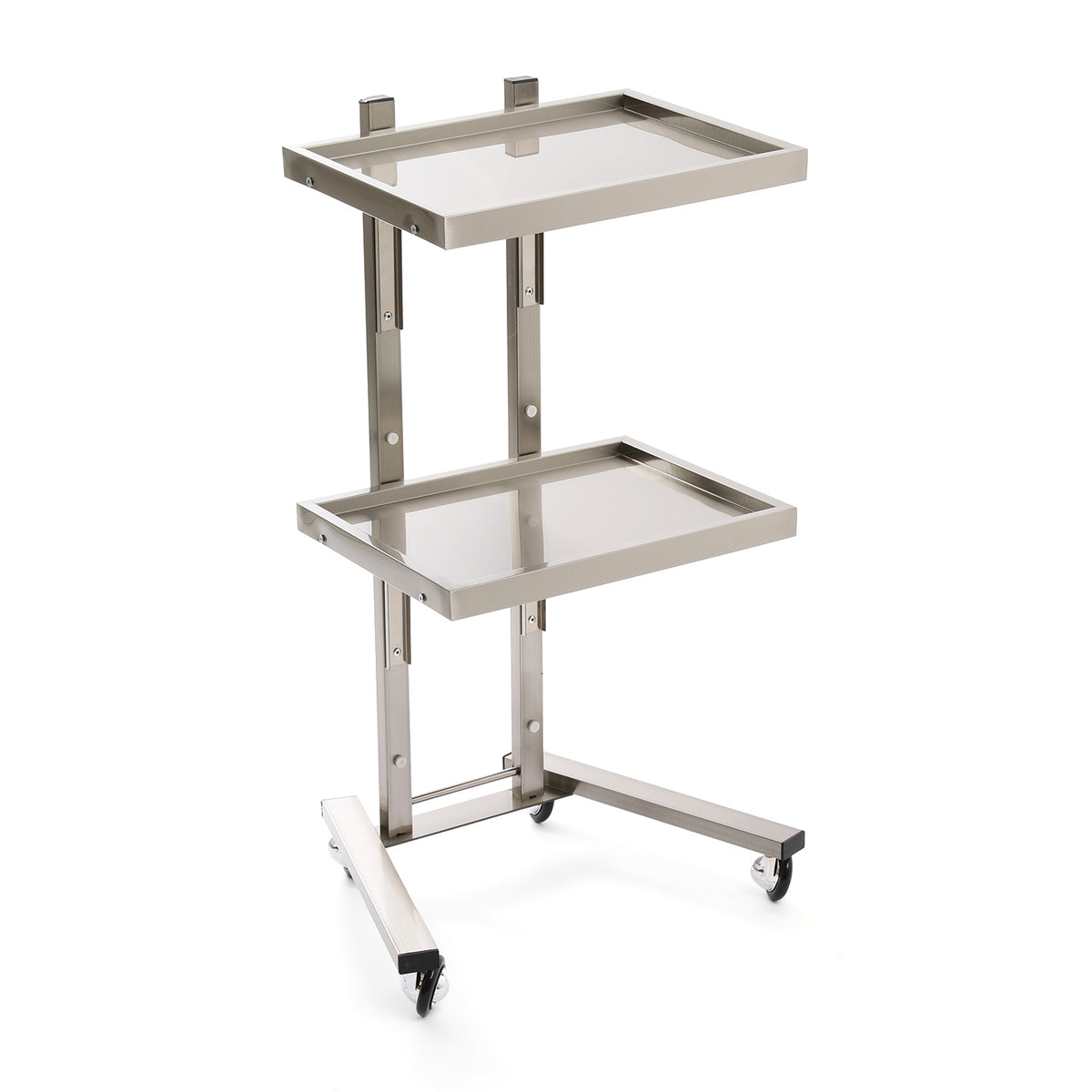 A two-tier stainless steel silver rolling utility cart