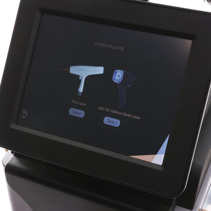 Touchscreen display on a medical device with laser treatment options.