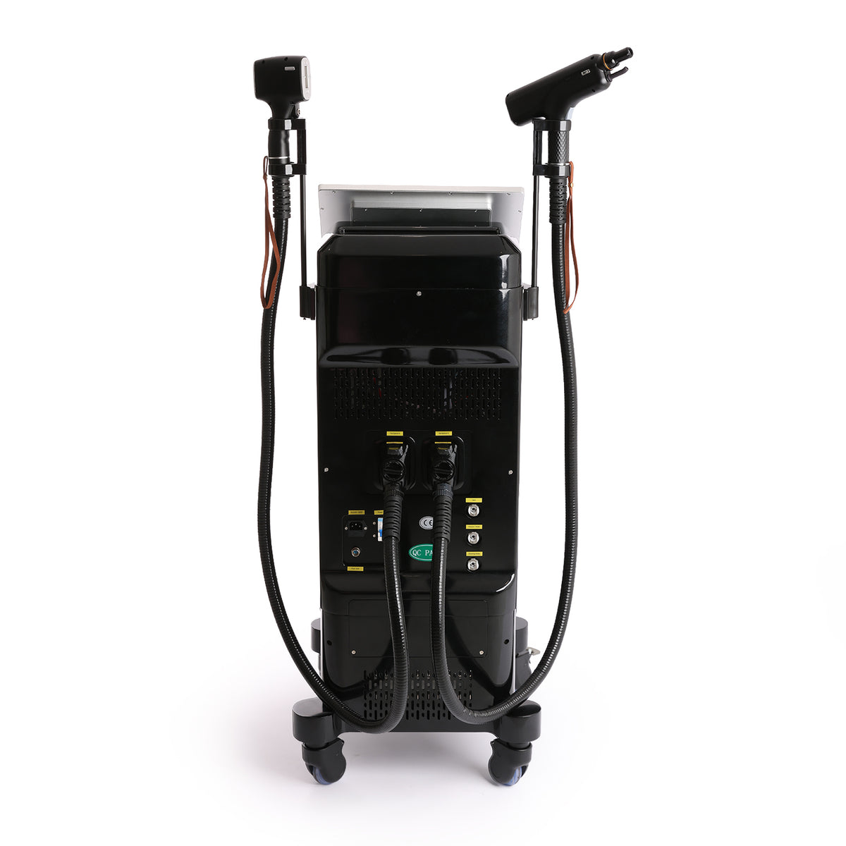 Black mobile beauty device with dual handheld attachments, hoses, and caster wheels, 