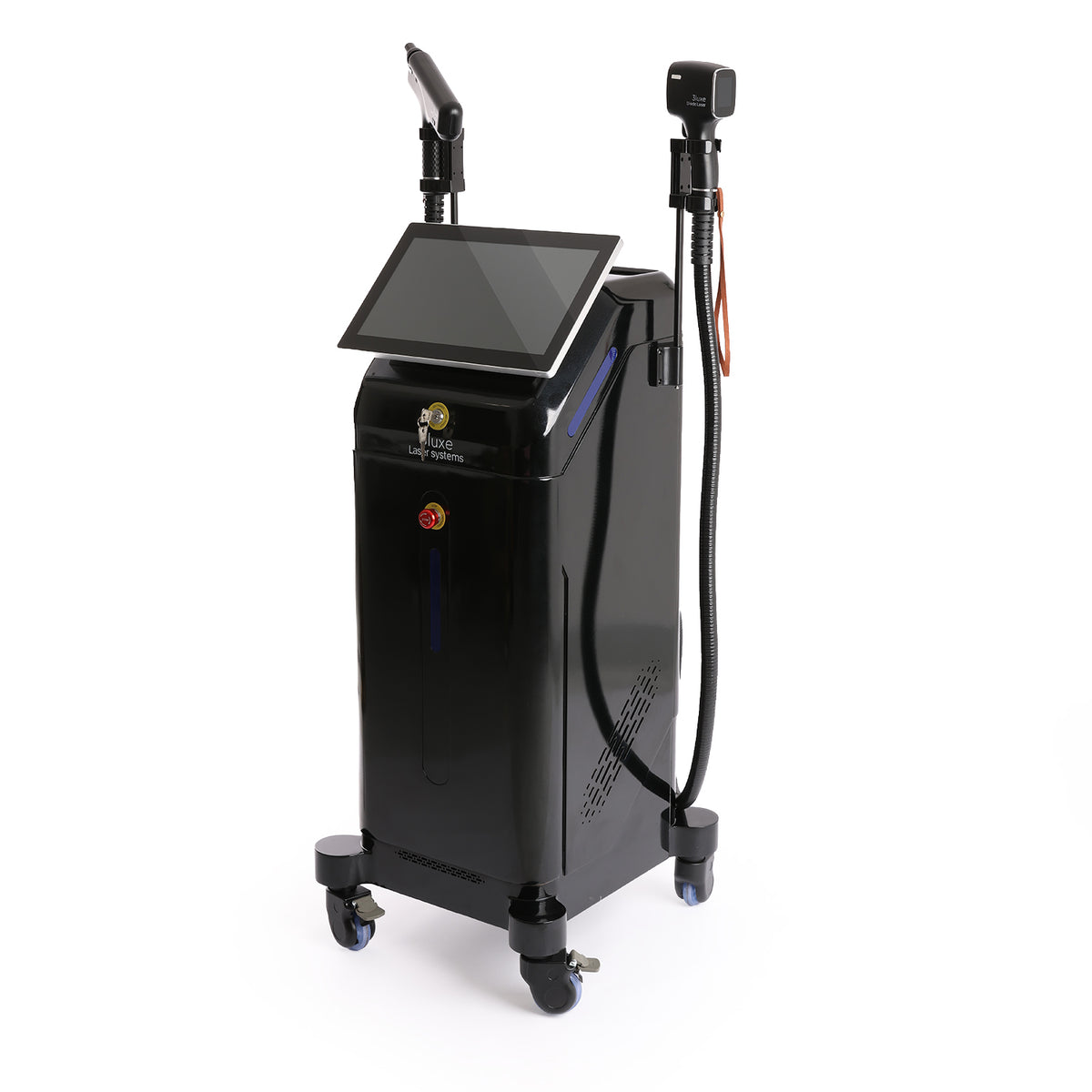 Black mobile beauty device with a touchscreen interface, dual treatment heads,