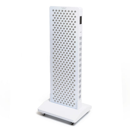 Tall full-body LED light therapy panel with hundreds of bulbs, sleek design, on wheels for easy mobility.