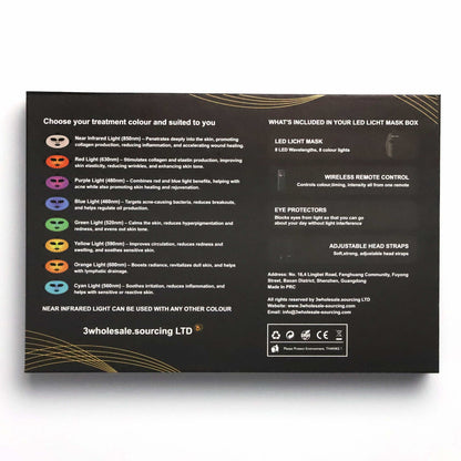 Back of LED mask box detailing light colors, skincare benefits, and included accessories.