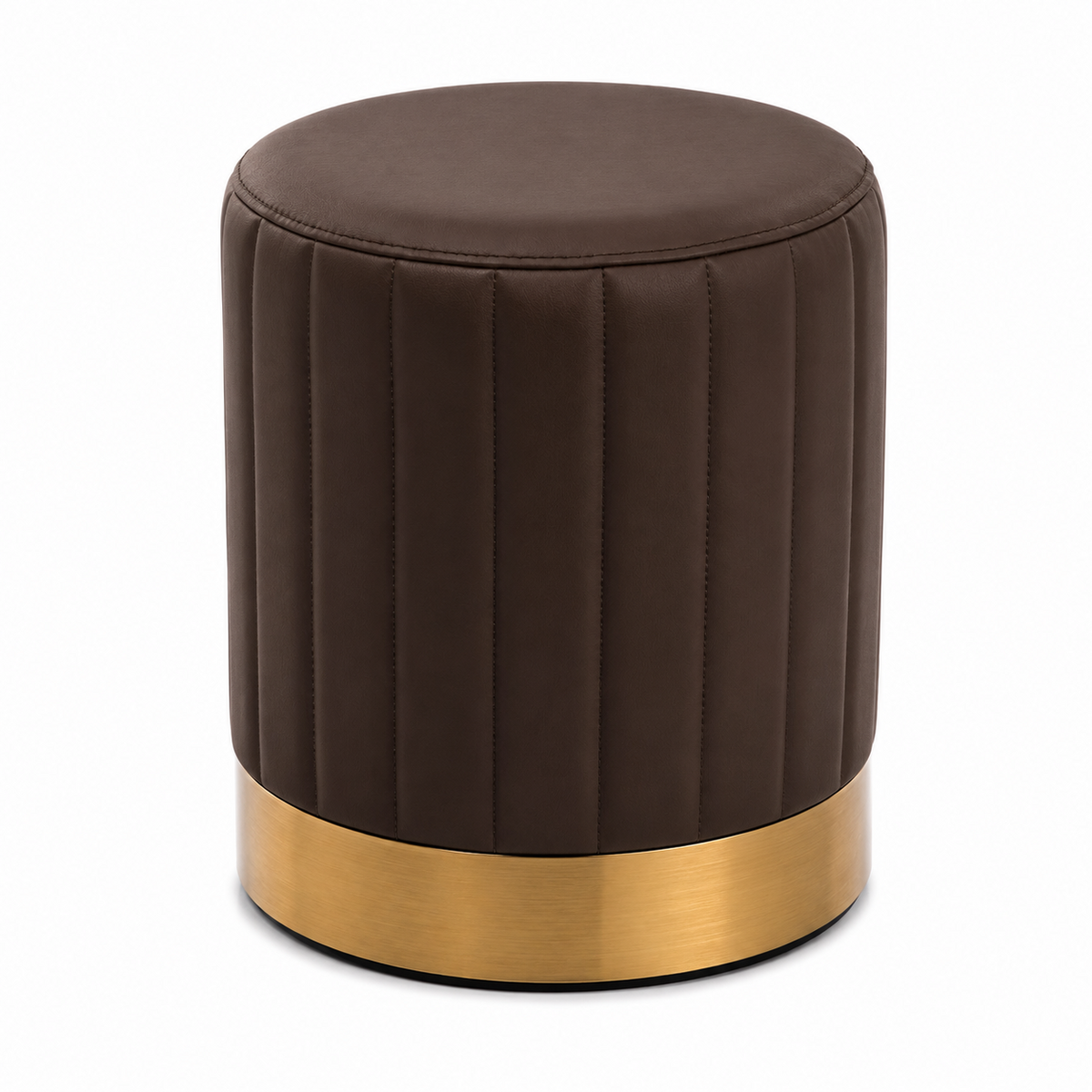 A cylindrical upholstered ottoman stool in dark brown.