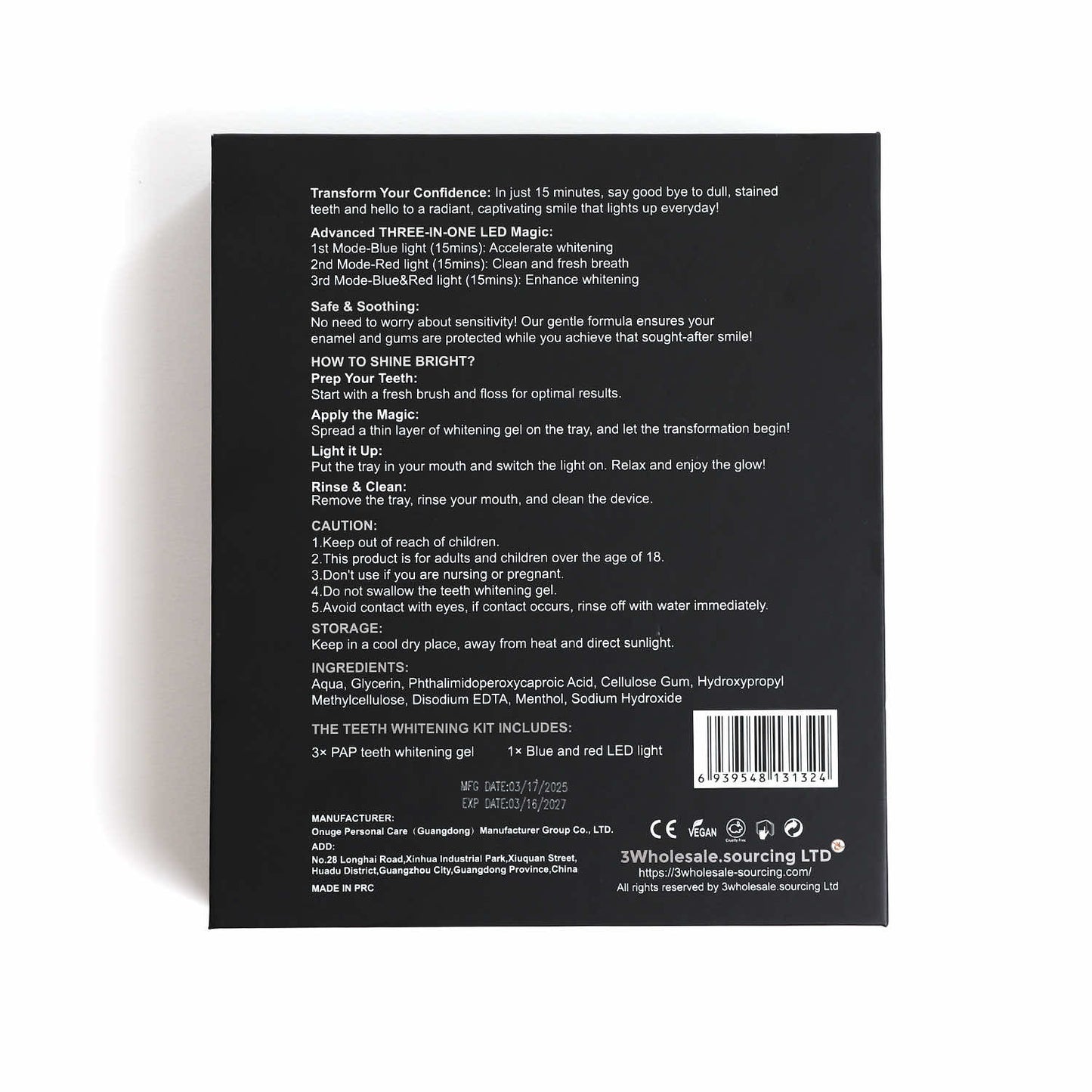 SmartSmile box featuring LED light design and peroxide-free whitening system.