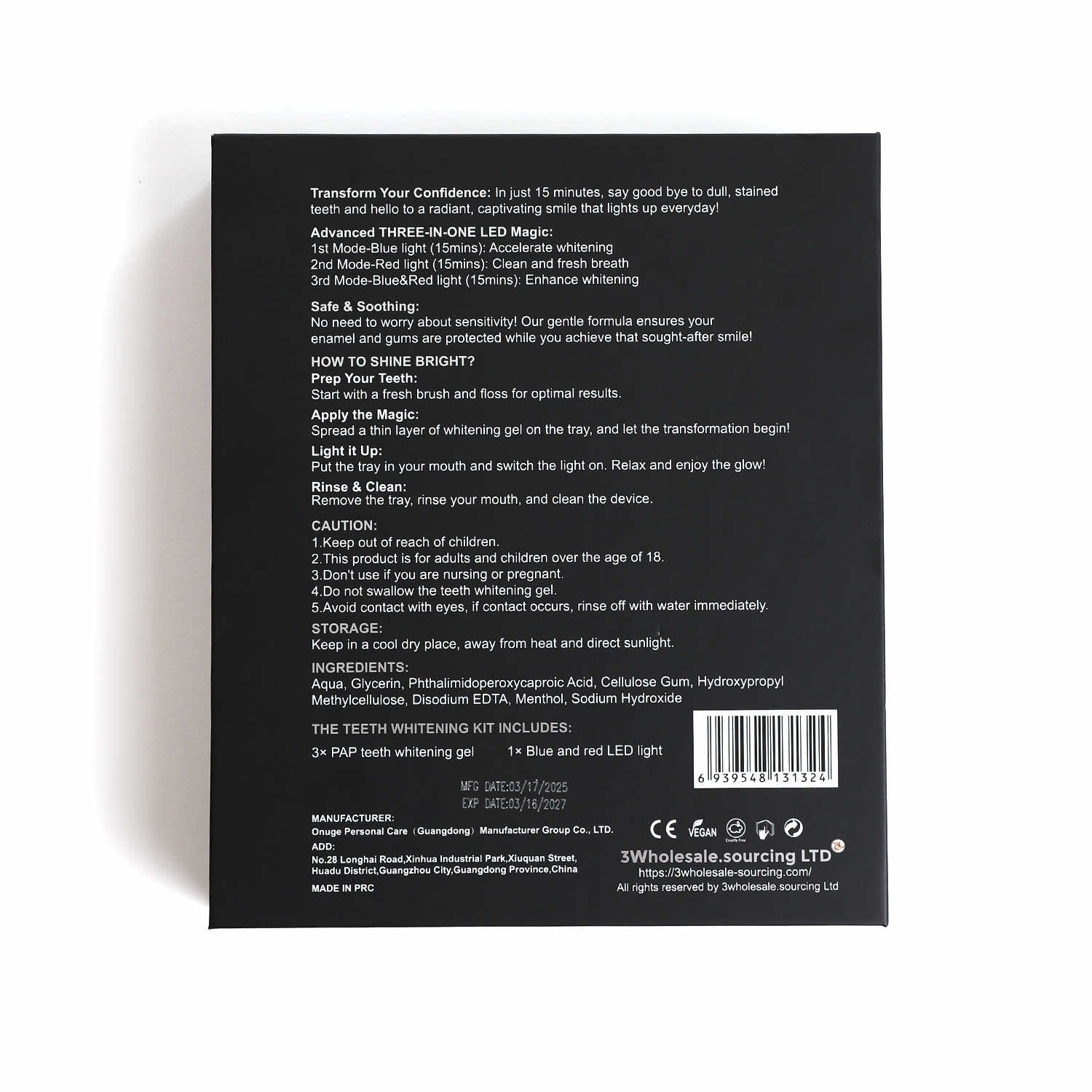 SmartSmile box featuring LED light design and peroxide-free whitening system.