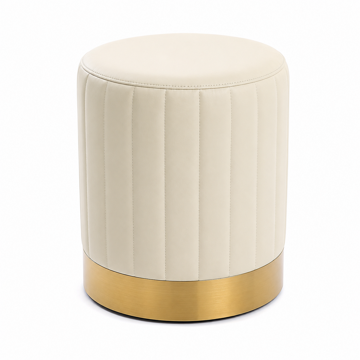 A cylindrical upholstered ottoman or stool with a cream-colored padded seat.