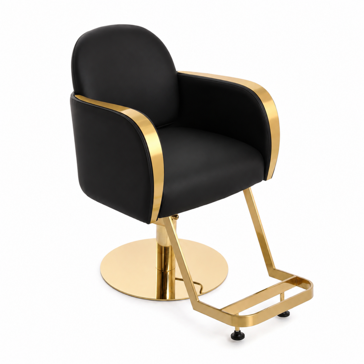A modern salon barber chair with black faux leather upholstery and polished gold metal frame,