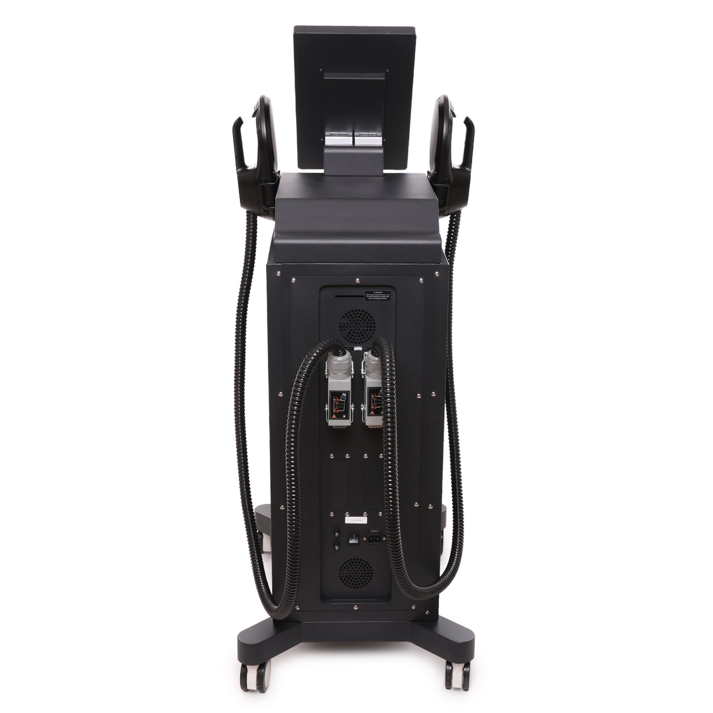 Black medical device with monitor and hoses on a white background