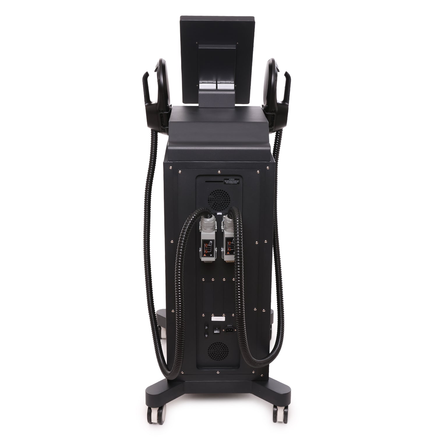 Black medical device with monitor and hoses on a white background