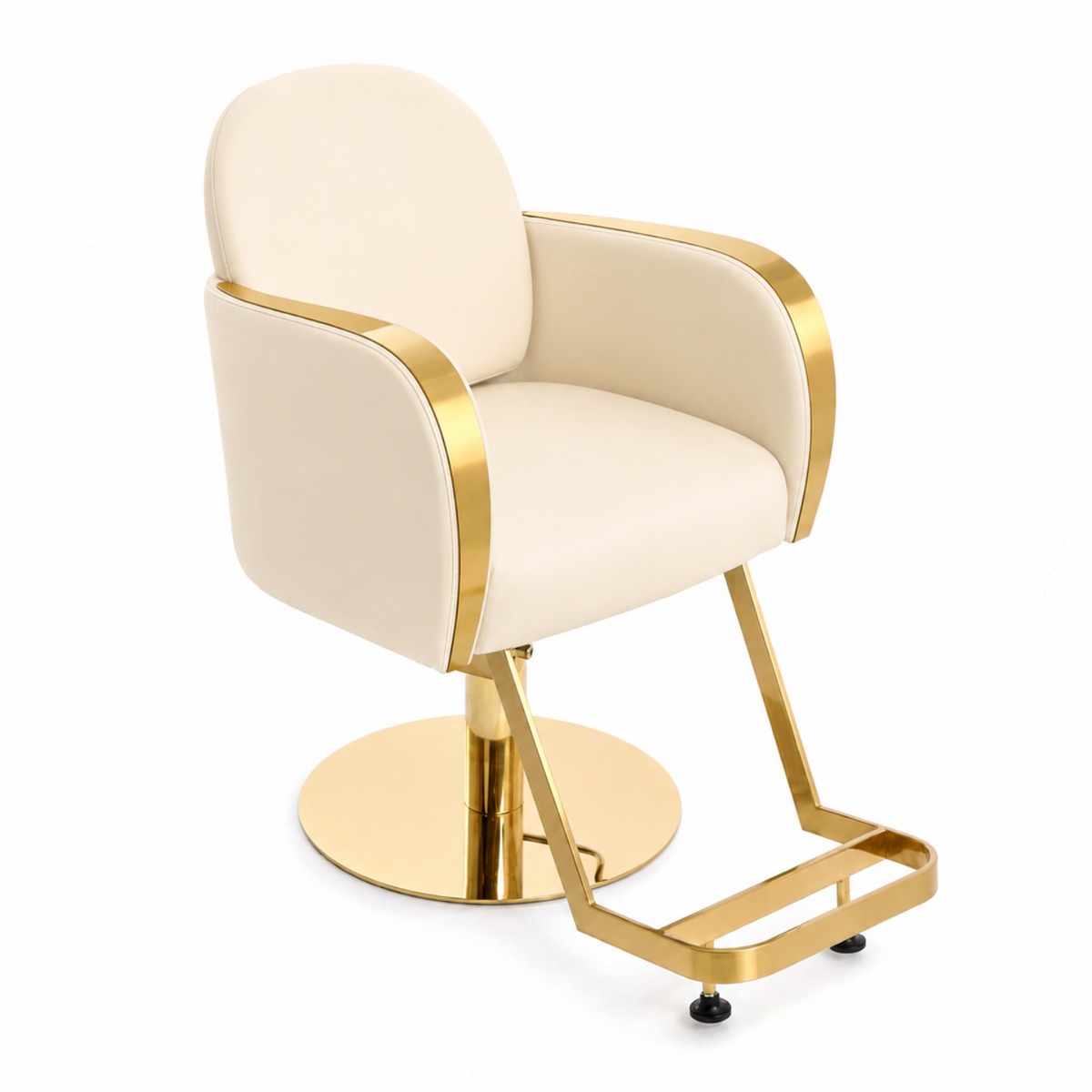 A modern salon barber chair with cream-colored upholstered seat and backrest.