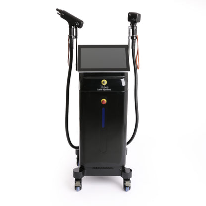 A black mobile laser treatment machine on wheels with two handheld applicator tools,