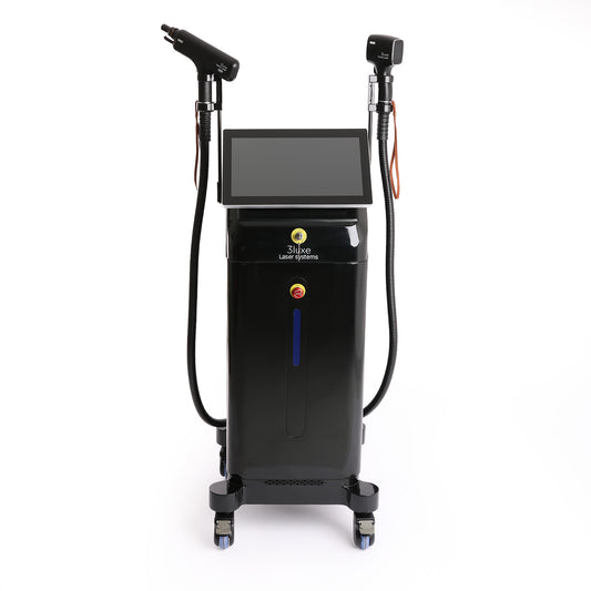 A black mobile laser treatment machine on wheels with two handheld applicator tools,