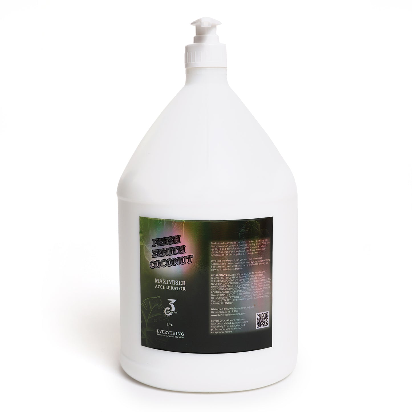Large 3.7L bottle of fresh Zenith Coconut lotion showing the green and black label detailing ingredients and branding.