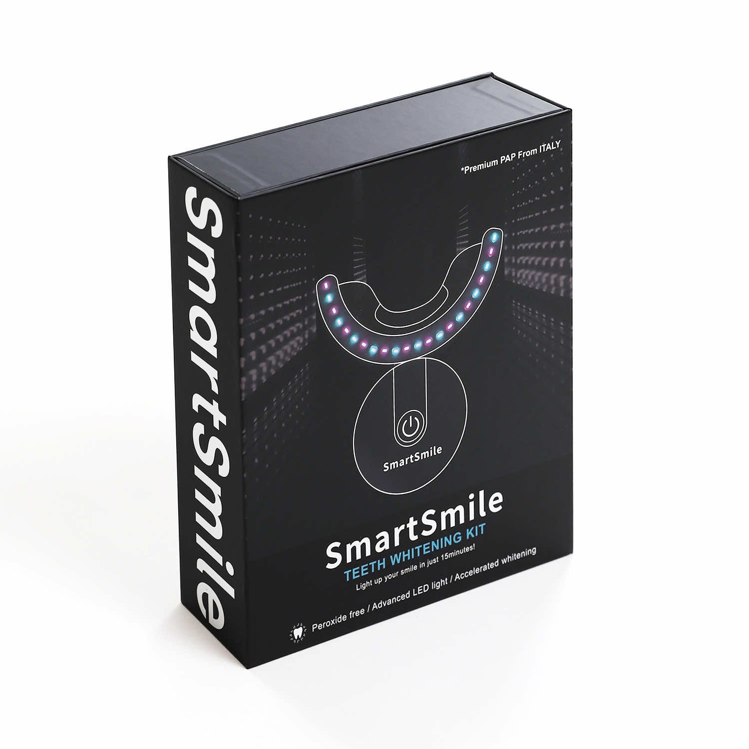 SmartSmile box featuring LED light design and peroxide-free whitening system.