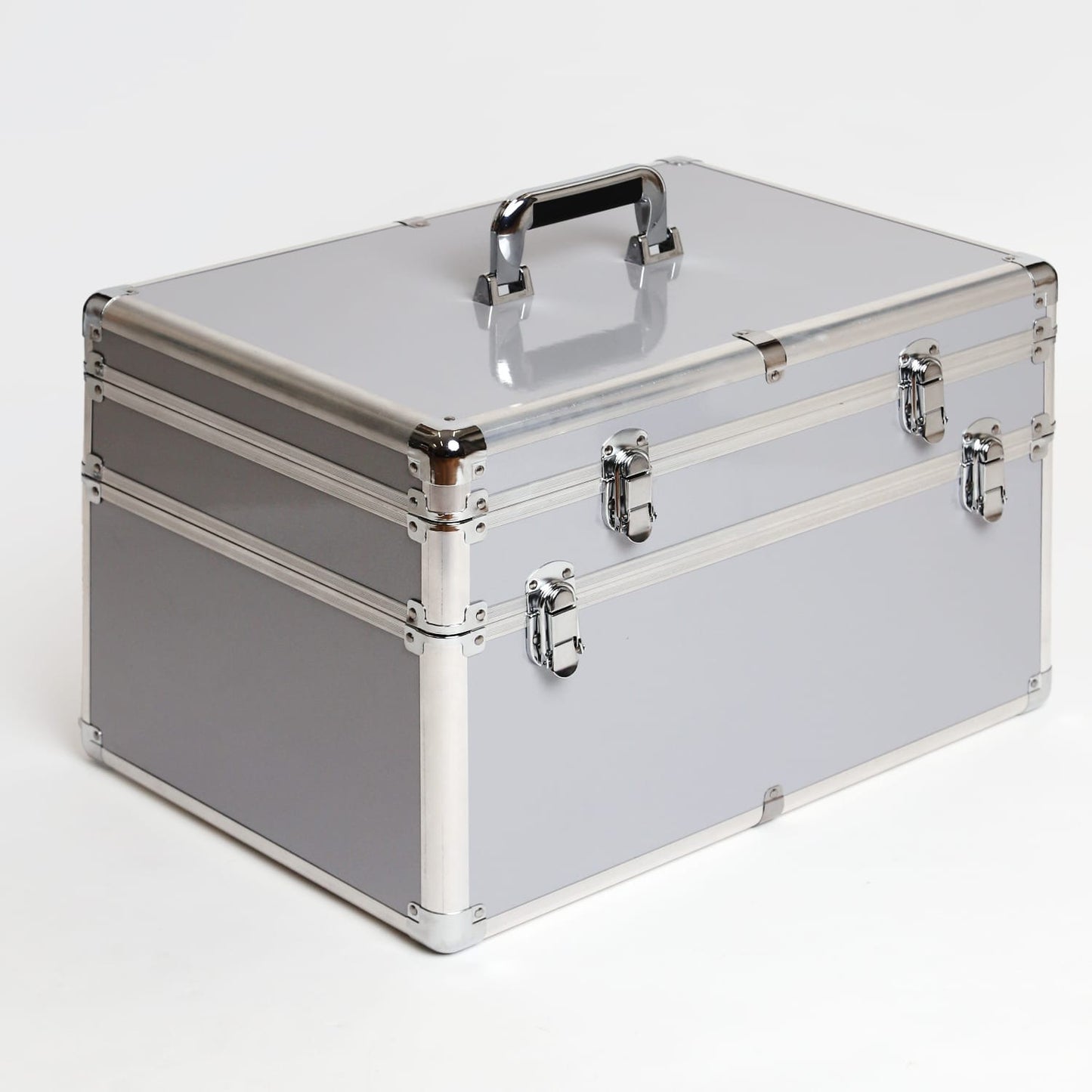 Silver hard-shell storage case with metal latches and handle, ideal for safely transporting beauty or medical devices.