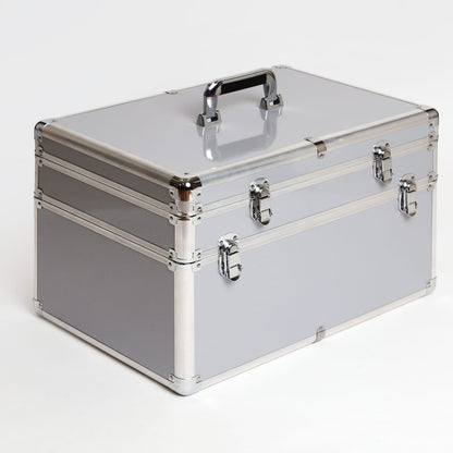 Silver hard-shell storage case with metal latches and handle, ideal for safely transporting beauty or medical devices.